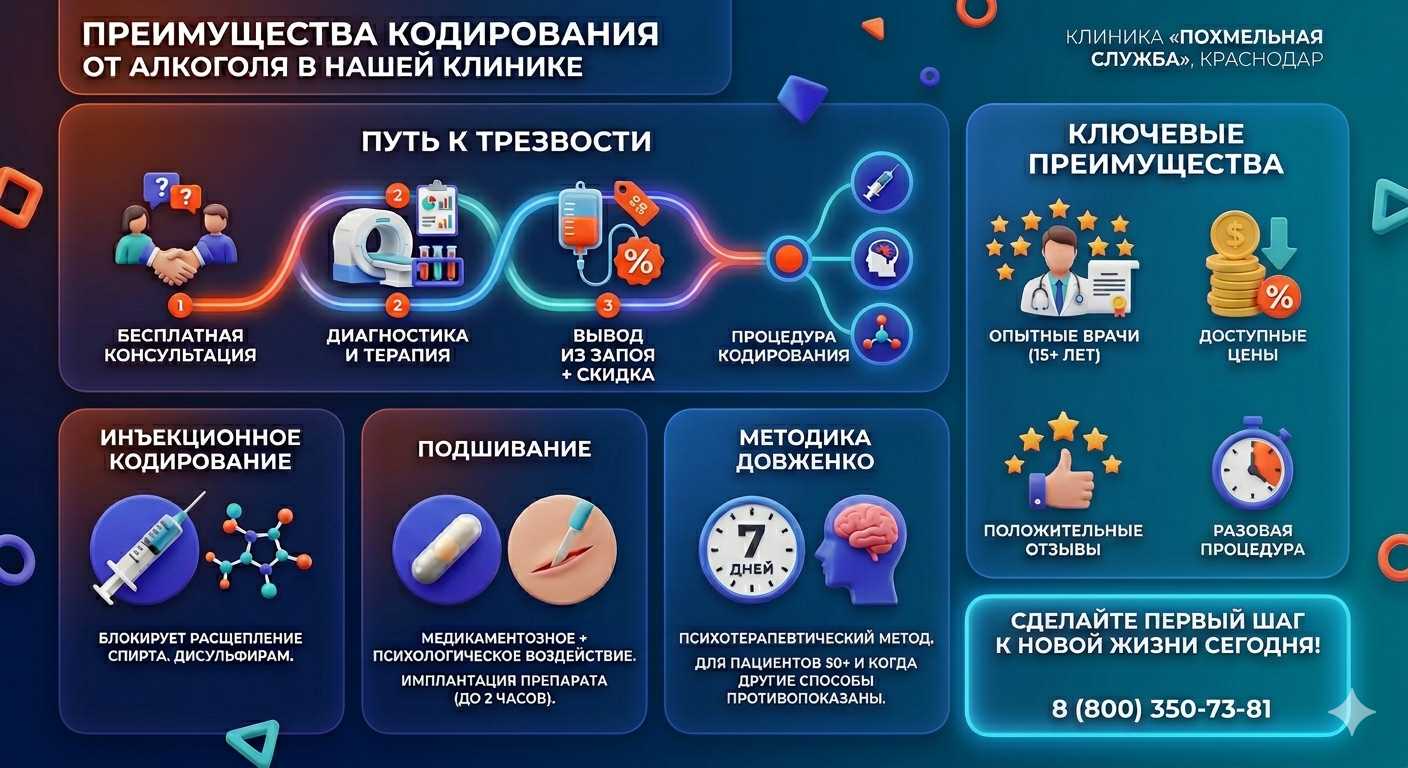 Инфографика о методах кодирования от алкоголя в Каховке: инъекции, подшивание, метод Довженко. Преимущества клиники и этапы лечения.