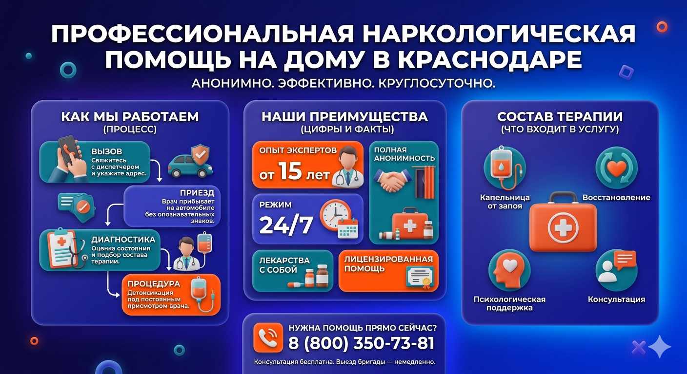 Инфографика о принципах лечения алкоголизма на дому в Каховке: этапы вызова нарколога, преимущества анонимной детоксикации и состав медицинской помощи.